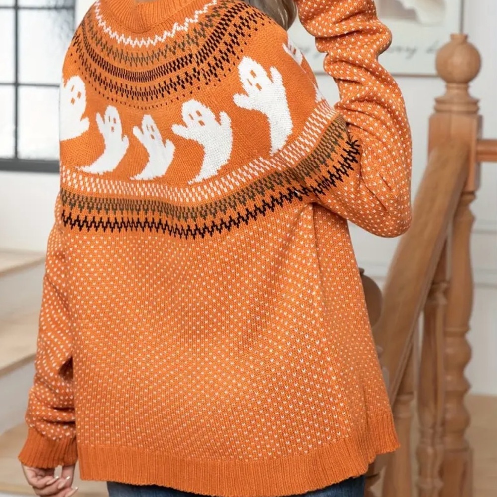 Retro Fair Isle Ghost Print Sweater Halloween - Picture 6 of 16